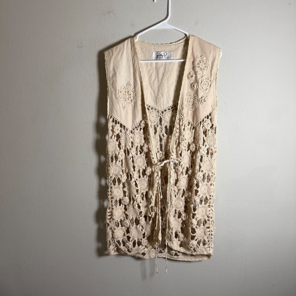Vintage Kathryn Deene Katy D Crochet Vest Cream Floral Pearl Embellished Boho‎